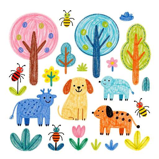 Colorful, whimsical drawing of anthropomorphic animals and trees, featuring a yellow dog, blue cow, orange spotted dog, and bee, surrounded by