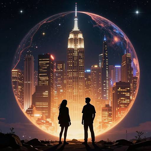 Digital artwork: Silhouetted couple stands before a glowing, circular cityscape with a starry sky, featuring the illuminated Empire State Building.