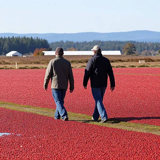 Photograph of two men walking through a vast red poppy field, wearing jackets and hats, with distant trees and mountains under a clear blue sky.