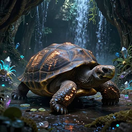 Photorealistic CGI of a glowing, detailed tortoise with illuminated shell, standing in a mystical, bioluminescent forest with waterfall and glowing plants