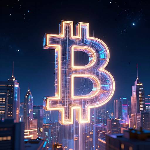 Neon Bitcoin symbol glowing above a vibrant, illuminated cityscape at night, with skyscrapers and stars in the background. Digital art.
