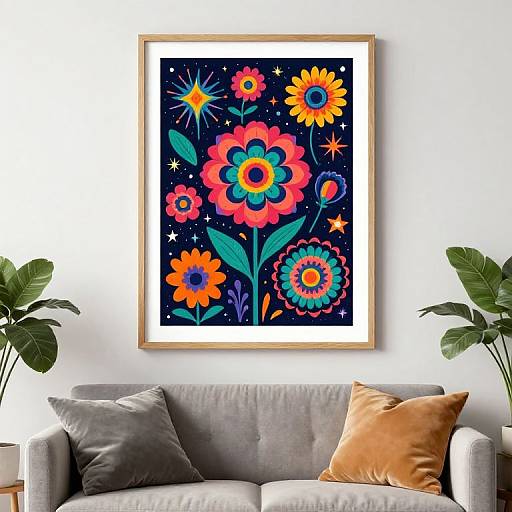 Vibrant floral abstract painting in a wooden frame hangs above a gray sofa with orange and brown pillows, flanked by green potted plants.