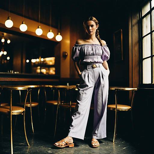 Woman in Lavender Off-Shoulder Outfit at Cafe