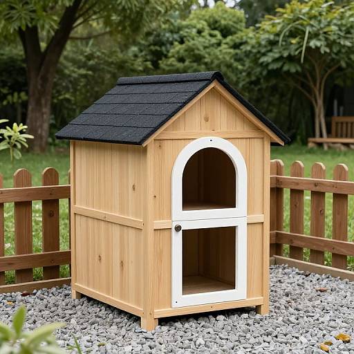 Photograph of a light wooden chicken coop with black shingle roof, white trim, and arched doorway, set on gravel beside a wooden picket