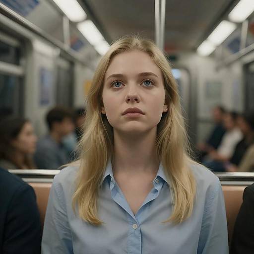 Photograph of a young blonde woman with blue eyes, wearing a light blue button-up shirt, sitting in a blurred subway car with other passengers in the