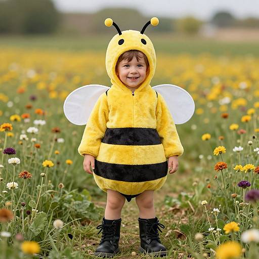 Boy in Bee Costume in Flower Field
