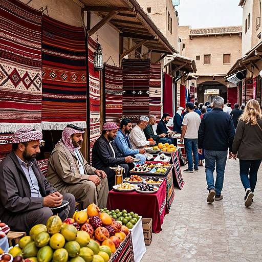 Photograph of a bustling Middle Eastern market street with vendors in traditional attire, colorful striped textiles, and tables of fresh fruits and vegetables, under a tiled