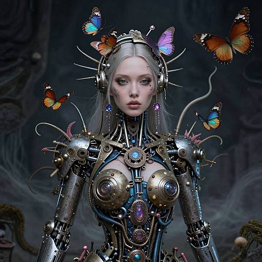 Digital art of a pale-skinned, silver-haired cybernetic woman with glowing butterflies, intricate mechanical armor, and glowing blue eyes in a dark,