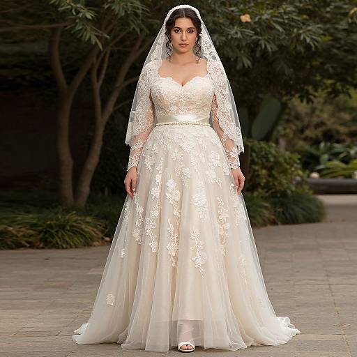 Photograph of a curvy South Asian bride in a white, lace wedding gown with long sleeves and veil, standing on a stone path surrounded by lush