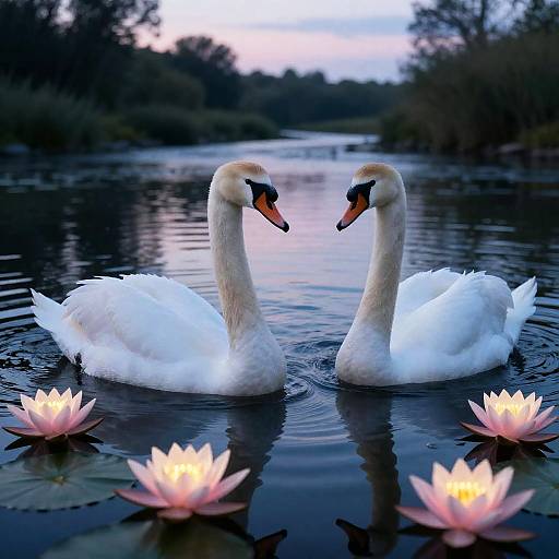 Majestic Swans with Glowing Water Lilies at Twilight