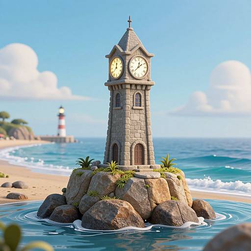Digital illustration of a stone clock tower on a rocky island with green plants, beside a blue ocean, and a distant lighthouse on a sandy beach.