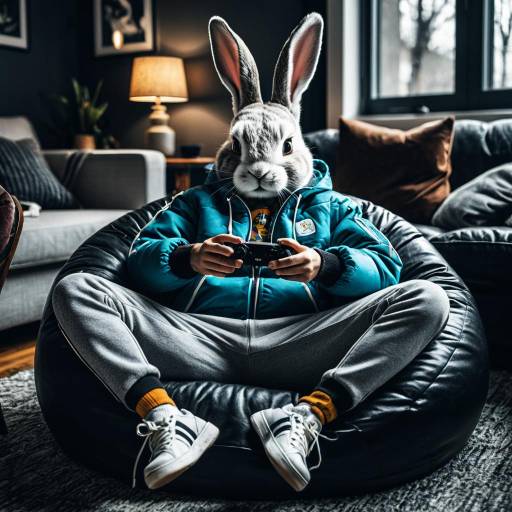 Anthropomorphic Rabbit Playing Videogames on Beanbag