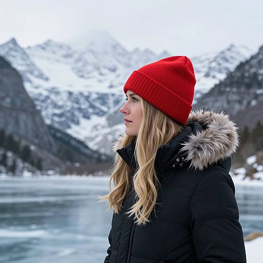 Photograph of a blonde woman in a red beanie and black parka with fur hood, standing by a frozen lake with snowy mountains in the background
