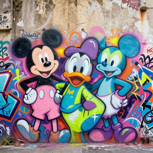 Vibrant graffiti mural featuring Mickey Mouse, Pluto, and Goofy in colorful, abstract styles, against a weathered concrete wall.