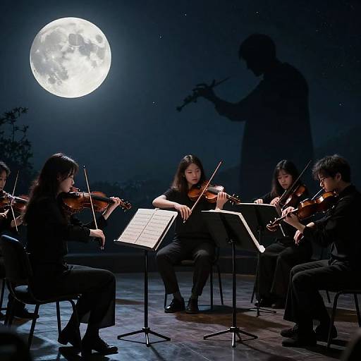 Photograph of five Asian musicians playing violins on stage under a bright full moon, with a shadow silhouette of a violinist in the background.
