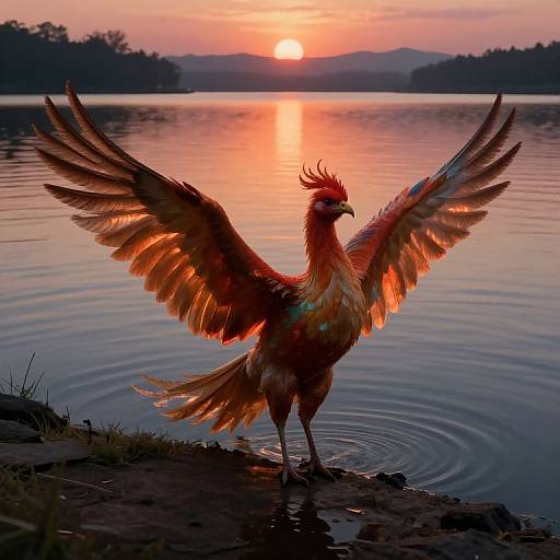 Photograph of a vibrant, orange and red phoenix with wings spread wide, standing in a lake at sunset, reflecting orange and pink hues.