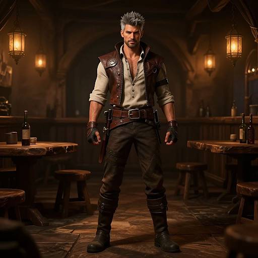 Photorealistic digital artwork of a muscular, grey-haired man in a leather vest, open shirt, black pants, and boots, standing in a dim