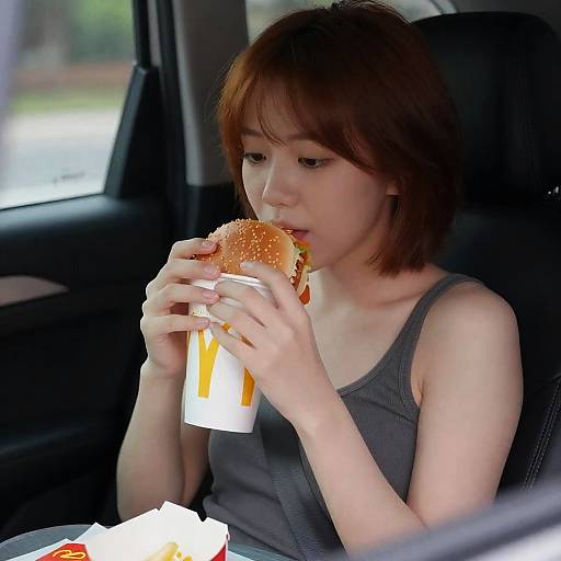 Young Woman Enjoying Burger in Car