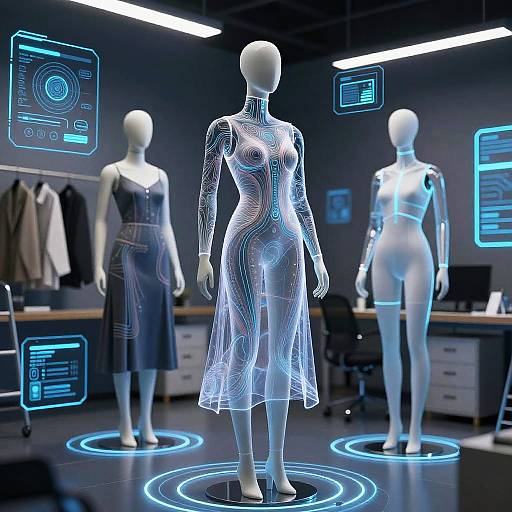Photograph of three faceless, white, futuristic mannequins in neon blue holographic dresses, standing in a sleek, tech-themed showroom with