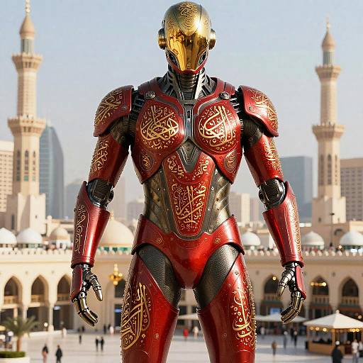 Photorealistic CGI of a golden helmeted robot in ornate red and gold Arabic-inscribed armor, standing in front of a bustling Middle Eastern mosque