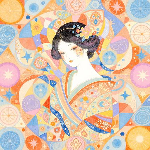 Digital art of a serene Japanese woman with black hair adorned with flowers, wearing an orange and blue patterned kimono, surrounded by vibrant, colorful abstract