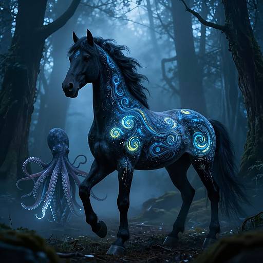 Digital art: A glowing blue-patterned black horse with neon spirals walks through a misty forest, accompanied by a luminescent octopus-like