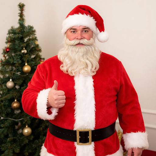 Photograph of a bearded Santa Claus in a red velvet suit with white trim, giving a thumbs-up, standing beside a decorated Christmas tree.