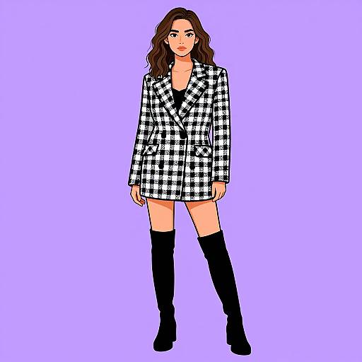 Digital illustration of a confident woman with wavy brown hair, wearing a black-and-white checkered blazer, black top, and knee-high black boots