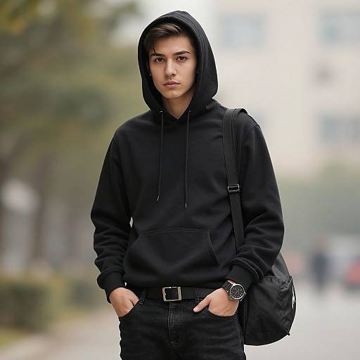 Photograph of a young man with light brown skin, dark brown hair, wearing a black hoodie, black pants, and a watch, standing with hands