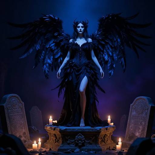 Digital artwork of a dark-winged, ethereal woman in black feathered dress, standing on a stone pedestal surrounded by lit candles, with tombstones