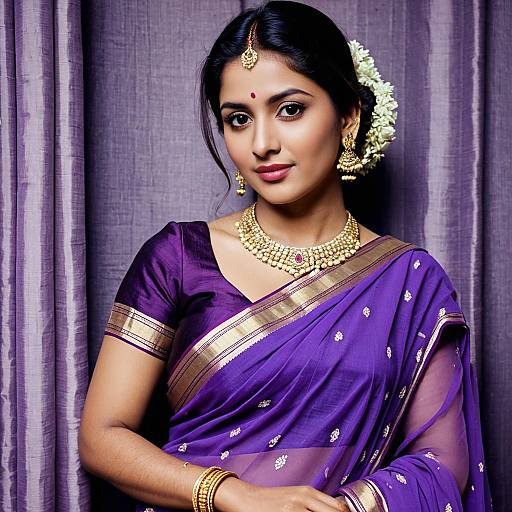 Lavender Saree with Gold Jewelry