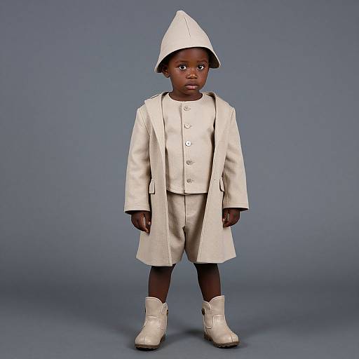 Photograph of a young African boy in white coat, matching hat, pants, and boots, standing against a blue gradient background.