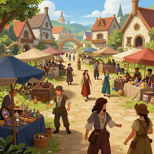 Vibrant digital painting of a bustling medieval marketplace with colorful stalls, vendors, and shoppers under sunny skies, surrounded by charming cottages.