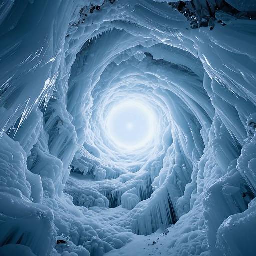 Photograph of an ice cave with a glowing white center, surrounded by intricate, textured, blue icicles and frozen formations.