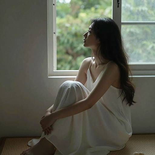 Woman in White Dress Gazing Out Window