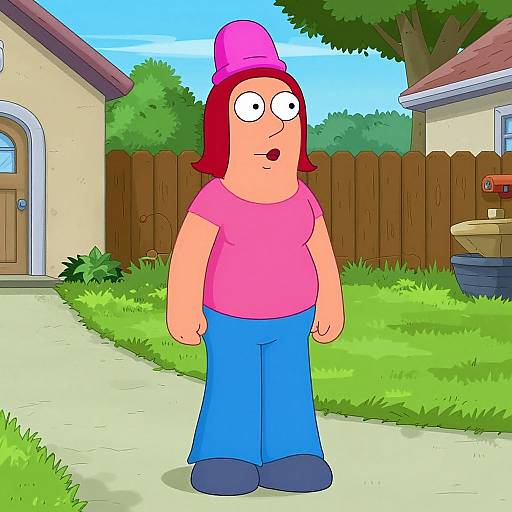 Cartoon woman with red bob haircut, pink hat, pink shirt, blue pants, and blue shoes standing on suburban sidewalk.