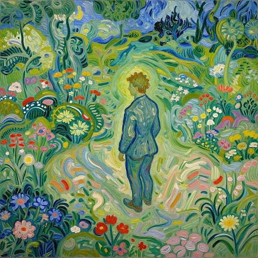 Vivid, swirling digital painting of a man in a blue suit walking through a vibrant, colorful garden filled with flowers and abstract greenery. Styl