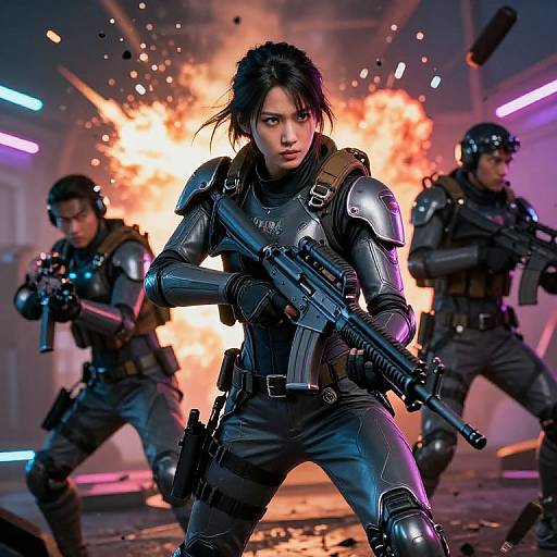 Digital art of a fierce Asian woman in black armor, holding a gun, standing in front of a blazing explosion, flanked by two armed soldiers in