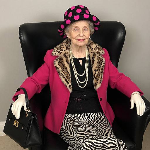 Photograph of an elderly woman in a red coat with leopard fur trim, black and white zebra skirt, white gloves, polka dot hat,