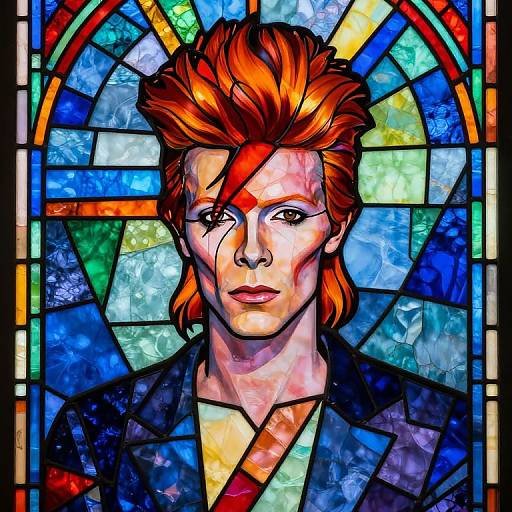 Vibrant stained glass portrait of a red-haired person with fiery hair, blue and green background, wearing a dark jacket, featuring bold colors and geometric