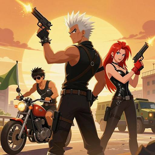 Anime Action Characters with Guns at Sunset