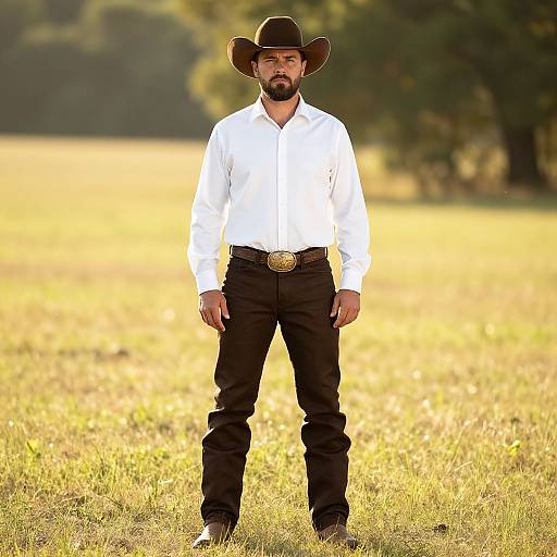Photograph of a bearded man in a white shirt, black pants, and brown cowboy hat, standing in a sunlit grassy field with trees