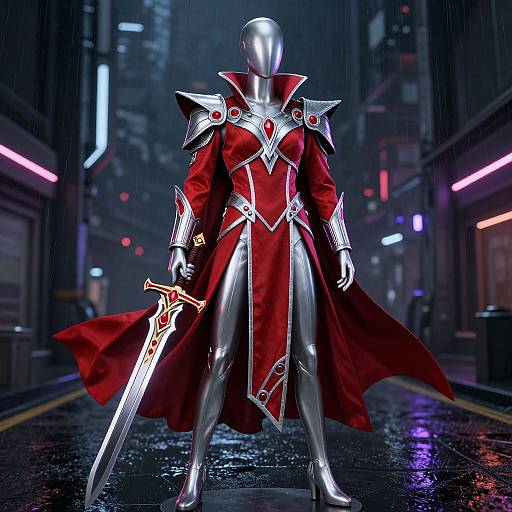 Cyborg warrior in metallic silver armor and red cape, holding a glowing sword, stands in a neon-lit, rainy city street.