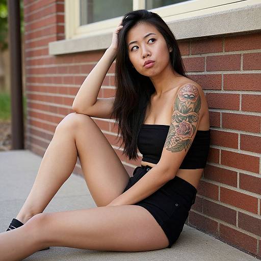 Photograph of an Asian woman with long black hair, tattoos on her right arm, wearing a black tube top and shorts, seated against a red brick