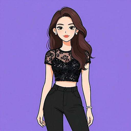 Digital illustration of a stylish woman with long brown hair, wearing a black lace crop top and black pants, against a solid purple background.