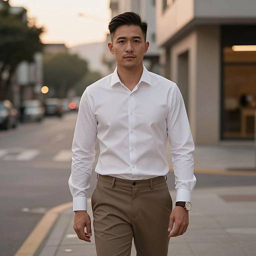 Photograph of a young Asian man with short black hair, wearing a white dress shirt and beige pants, walking on a city street at sunset.
