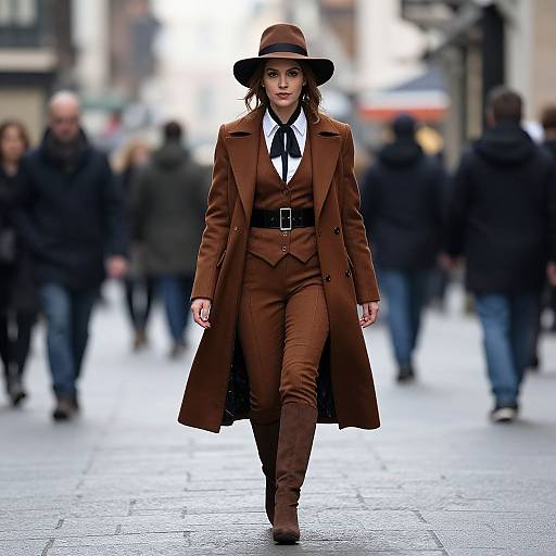Photograph of a confident woman in a brown trench coat, suit, and fedora, striding down a blurred urban street.