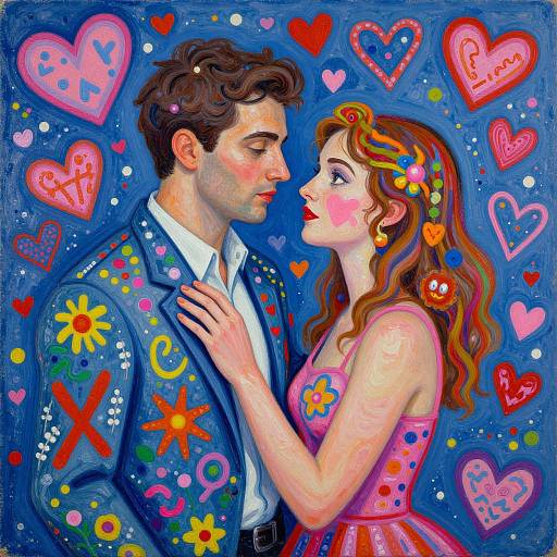 Vibrant digital painting of a romantic couple with colorful hearts and patterns, the man in a decorated blue suit, the woman in a pink dress,
