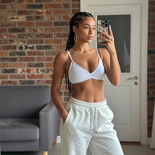 Woman Taking Mirror Selfie in White Bralette and Sweatpants