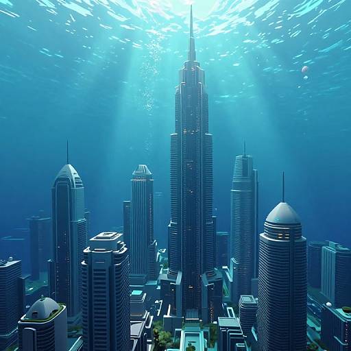 Digital artwork of a futuristic underwater cityscape with tall, reflective skyscrapers bathed in blue light and sunlight beams.